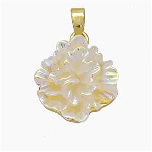 Resin Flower Pendant White AB-Color Gold Plated, approx 16mm