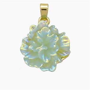 Resin Flower Pendant Green AB-Color Gold Plated, approx 16mm