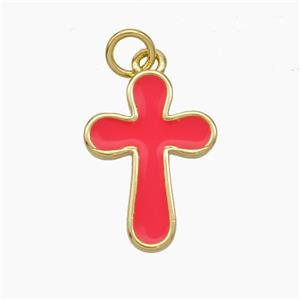 Copper Cross Pendant Red Enamel Gold Plated, approx 13-18mm