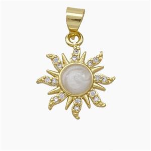 Copper Sun Pendant Pave Zirconia White Enamel Gold Plated, approx 15mm