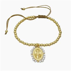 Copper Bracelet With Jesus Pave Pearlized Resin Adjustable Gold Plated, approx 20-25mm, 4mm