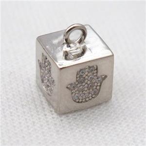 copper cube pendant pave zircon, hamsahand, platinum plated, approx 12mm