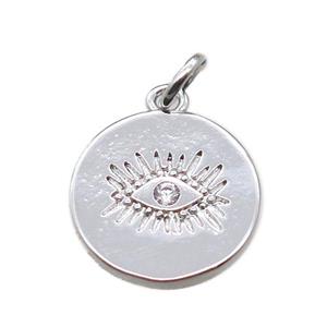 copper circle pendant paved zircon with eye, platinum plated, approx 13mm dia