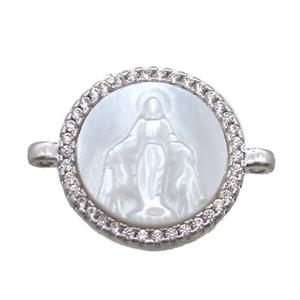 copper circle conector pave zircon with shell virgin mary, platinum plated, approx 15mm dia