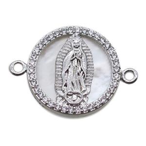 copper circle connector pave zircon with shell virgin mary, platinum plated, approx 15mm dia