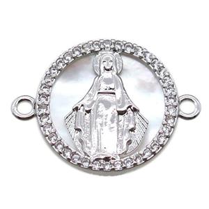 copper circle connector pave zircon with shell virgin mary, platinum plated, approx 15mm dia