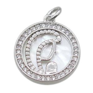 copper circle pendant pave zircon with shell virgin mary, platinum plated, approx 15mm dia