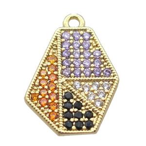 copper Polygon pendant paved zircon, gold plated, approx 13-15mm