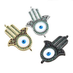 copper hamsahand connector paved zircon with evil eye, mixed, approx 18-26mm