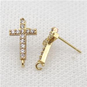 copper Studs Earrings paved zircon, cross, gold plated, approx 9-14mm