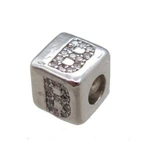 copper cube letter-B beads pave zircon, platinum plated, approx 8x8mm