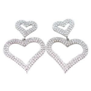 copper stud Earrings pave zircon, heart, platinum plated, approx 28mm, 15mm