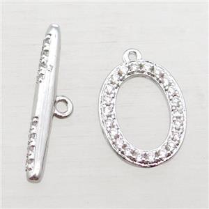 copper toggle clasp paved zircon, oval, platinum plated, approx 11-15mm, 21mm length