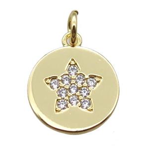 copper circle pendant paved zircon, star, gold plated, approx 13mm dia