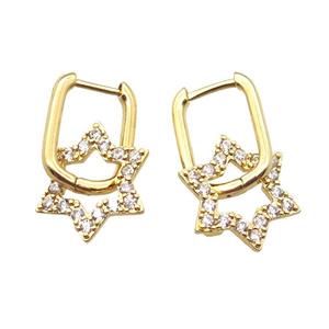 copper Latchback Earrings paved zircon, star, gold plated, approx 15mm, 12-16mm