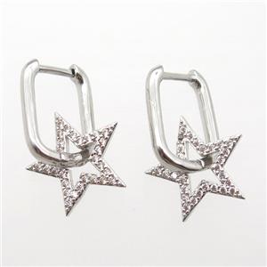 copper Latchback Earrings paved zircon, star, platinum plated, approx 15mm, 12-16mm