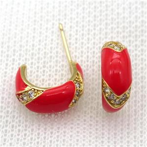 copper stud Earrings with red Enameling, gold plated, approx 12-15mm