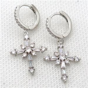 copper Hoop Earrings pave zircon with cross, platinum plated, approx 18-22mm, 14mm dia