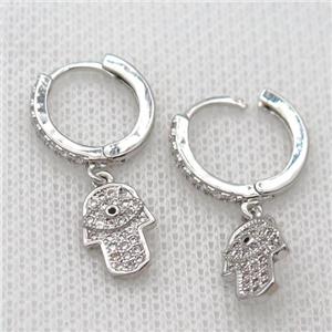 copper Hoop Earrings pave zircon with hamsahand, platinum plated, approx 7-11mm, 14mm dia