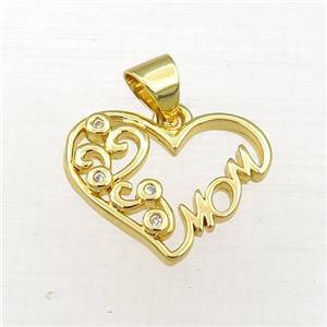 copper heart MOM pendant paved zircon, gold plated, approx 14-17mm