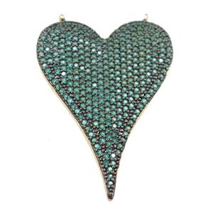 copper heart pendant pave green zircon with 2loops, gold plated, approx 25-37mm