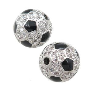 copper football beads pave zircon Sport round, platinum plated, approx 12mm dia