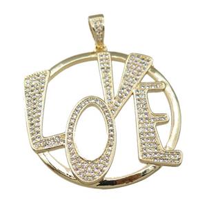 copper LOVE pendant pave zircon, gold plated, approx 37mm