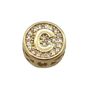 copper beads pave zircon, letter, gold plated, approx 10mm