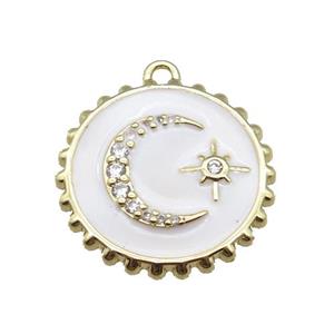 copper circle pendant with moon, enameled, gold plated, approx 20mm dia