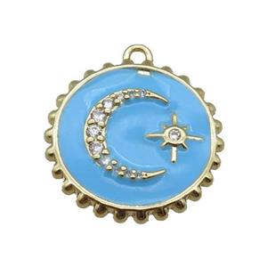 copper circle pendant with moon, enameled, gold plated, approx 20mm dia