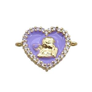 copper heart connector with angel, enameled, gold plated, approx 13mm