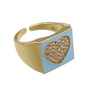 copper rings paved zircon with blue enameled, heart, adjustable, gold plated, approx 13mm, 18mm dia