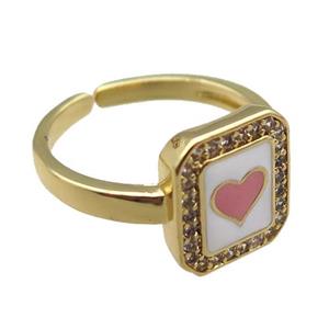 copper rings paved zircon with enameled, heart, adjustable, gold plated, approx 11-12mm, 18mm dia