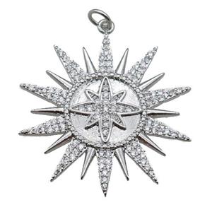 copper sun pendant pave zircon, platinum plated, approx 32mm