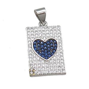 copper rectangle pendant pave zircon, heart, platinum plated, approx 12-18mm