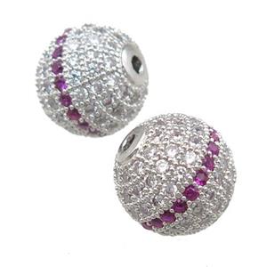 copper beads pave zircon, round, platinum plated, approx 12mm dia