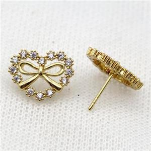 copper Knot Stud Earring pave zircon, gold plated, approx 12-16mm