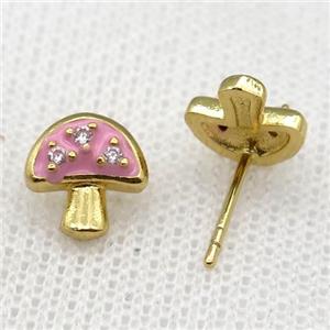 copper mushroom Stud Earring with pink Enameled, gold plated, approx 9mm