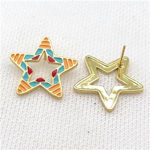 copper Star Stud Earring with Enameled, gold plated, approx 24mm