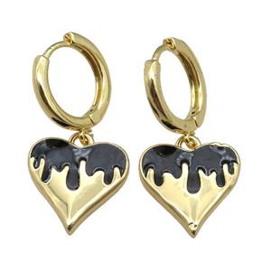 copper Hoop Earrings with Heart Black Enamel, gold plated, approx 14mm, 14mm dia