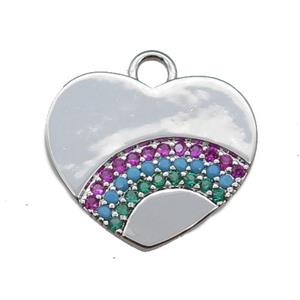 copper heart pendant pave rainbow zircon, platinum plated, approx 20mm