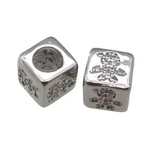 European Style copper cube beads pave zircon, kid, platinum plated, approx 7.5mm, 4mm hole