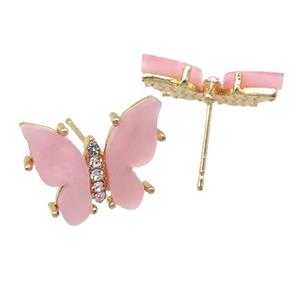 pink Resin Butterfly Stud Earrings, gold plated, approx 11-15mm