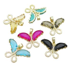 mixed Crystal Glass Butterfly Pendant pave zircon, gold plated, approx 20-30mm