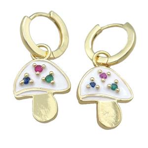 copper Hoop Earring with white Enamel Mushroom, gold plated, approx 14-16mm, 13mm dia