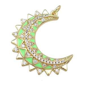 copper Crescent pendant pave zircon with green enamel, gold plated, approx 10-30mm