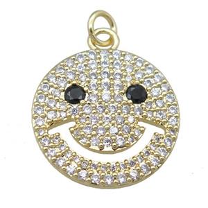 copper emoji pendant pave zircon, smileface, gold plated, approx 20mm