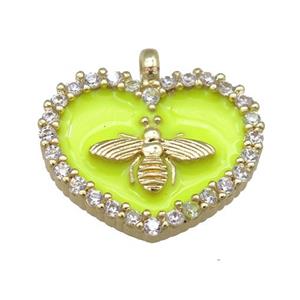 yellow Enamel Heart copper pendant pave zircon, honeybee, gold plated, approx 15-18mm