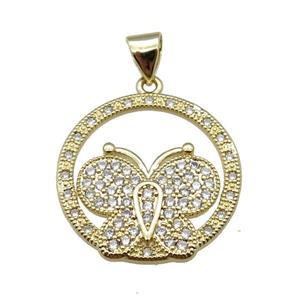 copper butterfly pendant pave zircon, gold plated, approx 21mm