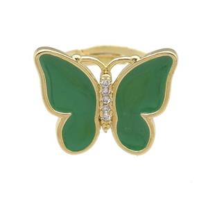 copper butterfly Rings with green enamel, adjustable, gold plated, approx 16-20mm, 17mm dia